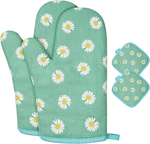 Vista 12 de AUAUY Guantes de horno y soportes para ollas Juego de 6 piezas, guantes de cocina resistentes al calor de 392°F y almohadillas térmicas Guantes