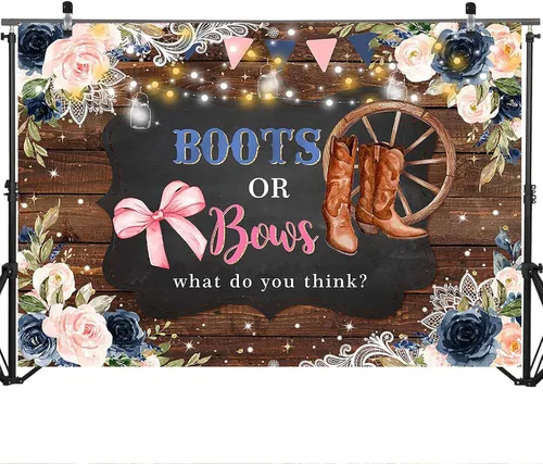 Vista 3 de Mocsicka Fondo para revelación de género, botas o lazos, de madera rústica, floral, decoración de fiesta de baby shower, fondo de revelación
