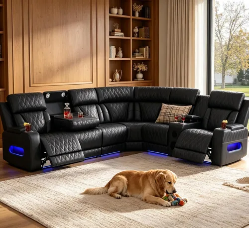 Vista 41 de Juego de sofá seccional reclinable de cuero, sofá seccional con 4 sillones reclinables Juegos de muebles de sala con 3 reclinables, luz LED