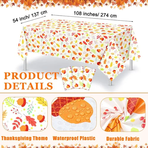 Vista 2 de Newwiee Paquete de 3 manteles de Acción de Gracias de 108 x 54 pulgadas, manteles de plástico desechables de otoño, mantel rectangular impermeable
