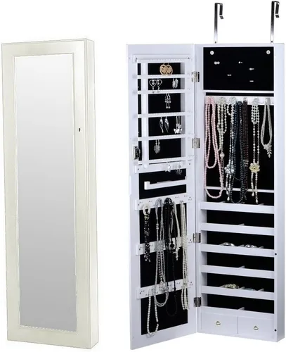 Vista 4 de BTEXPERT Premium joyería Armoire gabinete de madera gancho de pared sobre puerta colgadero organizador almacenamiento espejo almacenar anillos