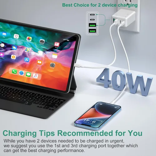 Vista 7 de Costyle - Cargador de pared USB C de 40 W, bloque de cargador rápido USB C de 4 puertos, adaptador de corriente PD dual+enchufe de pared QC