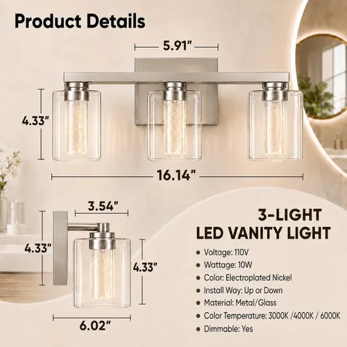 Vista 2 de Lámparas de tocador de baño sobre espejo, revestimiento de acabado dorado cepillado, luces de tocador, apliques de pared para baño Bathroom Light