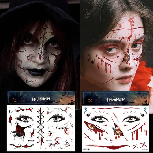 Vista 4 de Más de 260 piezas de 36 hojas de tatuajes falsos para Halloween, tatuajes de maquillaje de zombies temporales realistas, tatuajes de cicatrices