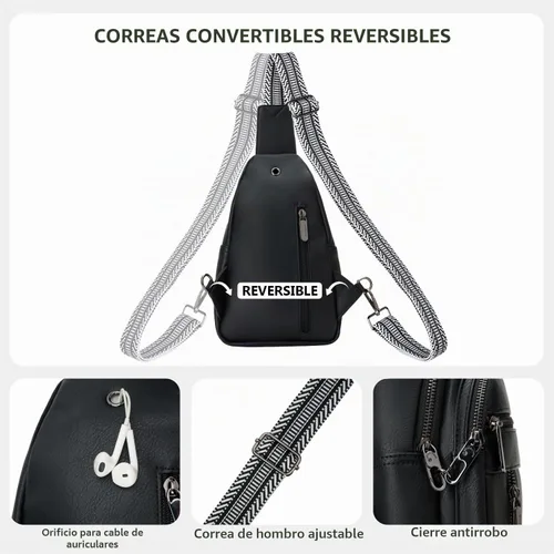Vista 5 de Riñonera antirrobo para mujer, pequeña cangurera de piel Negro-b
