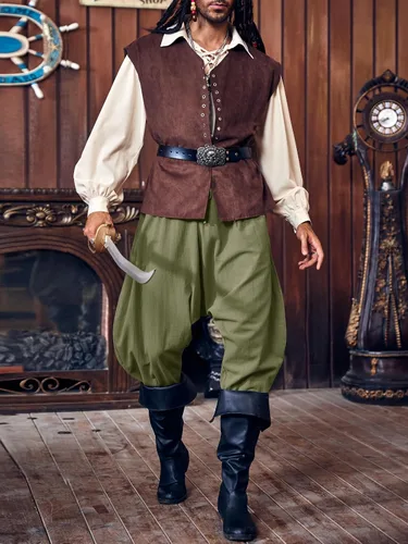 Vista 5 de PASLTER Pantalones piratas medievales para hombre, disfraz de navegante vikingo, renacentista, Halloween, gótico, informal, pantalones harén