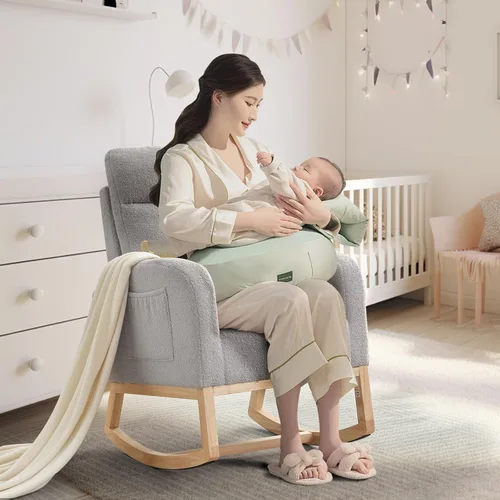 Vista 8 de Takywep Mecedora para guardería con patas de madera maciza, mecedora para guardería con dos bolsillos laterales, sillón mecedor para sala de estar