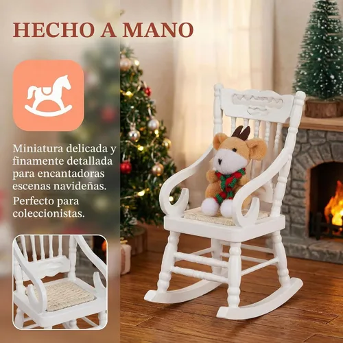 Vista 6 de SOIMISS Mecedora de madera blanca en miniatura, asiento de cuerda de cáñamo, escala 1:12, accesorios para muebles de casa de muñecas, decoración