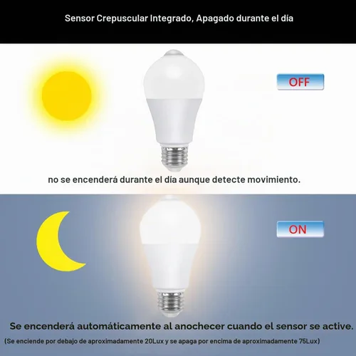 Vista 7 de Bombillas con sensor de movimiento, 9 W (equivalente a 60 W) A19 E26 5000 K, detector de movimiento, bombillas de seguridad activadas