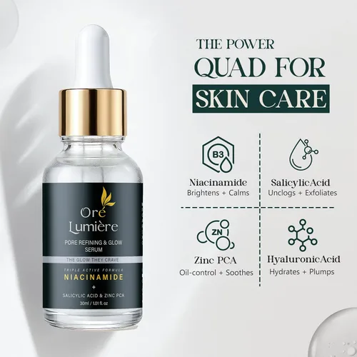 Vista 2 de Oré Lumière Suero facial refinador de poros – niacinamida, ácido salicílico, zinc PCA y ácido hialurónico – Limpia y aprieta los poros, controla