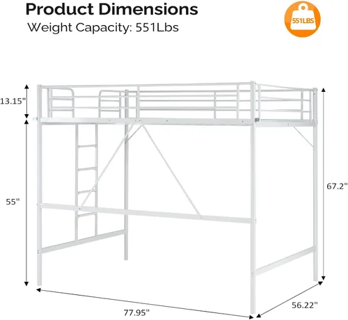 Vista 2 de Bonnlo Cama alta de metal con escaleras y peldaño plano, cama junior de tamaño matrimonial alta para niños, adolescentes y adultos, no requiere