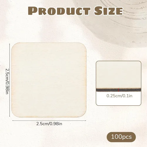 Vista 2 de 100 piezas de madera sin terminar, cuadrado de madera de 1 pulgada, cuadrados de madera natural en blanco, esquinas redondas, piezas de madera sin
