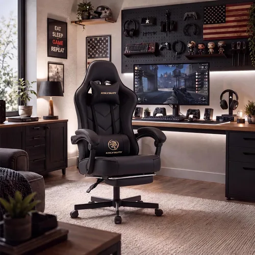 Vista 2 de Silla de escritorio para juegos para computadora, silla de oficina ergonómica de respaldo alto con reposapiés y soporte lumbar, sillas giratorias