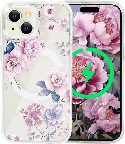 Vista 50 de Funda magnética de flores para iPhone 15 [compatible con MagSafe] Bonito patrón floral transparente a prueba de golpes
