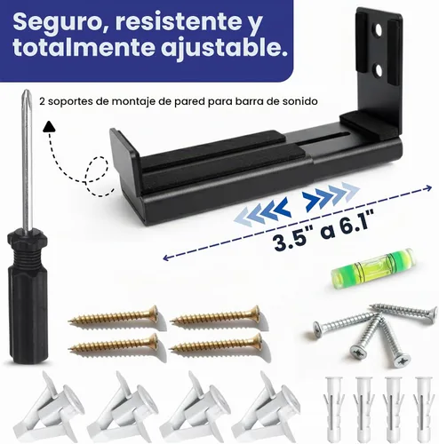 Vista 5 de Soporte universal de pared para barra de sonido (parte inferior plana), soporte de acero resistente de 33 libras, profundidad ajustable, incluye