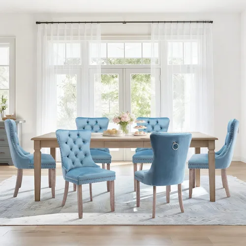 Vista 65 de Juego de 2 sillas de comedor de terciopelo con patas de madera, color beige Mid Century Modern Dining Chairs,Upholstered Chairs with Nailhead