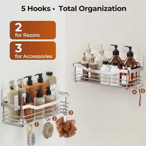 Vista 9 de Orimade Cesta de ducha con 5 ganchos, organizador de baño, estante de almacenamiento de cocina, adhesivo montado en la pared, sin perforaciones