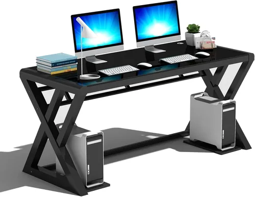 Vista 3 de SAMERY Escritorio para computadora, escritorio de oficina en casa, 55.1 pulgadas, moderno y simple, escritorio de vidrio negro, mesa de computadora