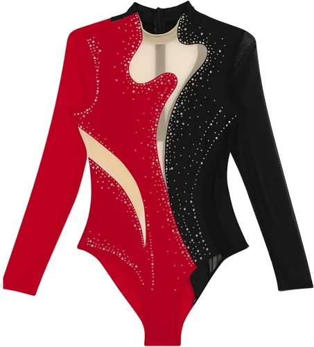 Vista 3 de Leotardo de manga larga para mujer, con diamantes de imitación, para gimnasia, ballet, danza, patinaje