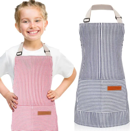 Vista 8 de Jiuguva 2 piezas de delantal para niños ajustable de algodón para niños pequeños con rayas de chef con 2 bolsillos para hornear para niños