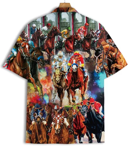 Vista 2 de Camisas hawaianas divertidas de caballos para hombres y mujeres, carreras de caballos de amor hawaiano de verano de manga corta, casual, ajuste