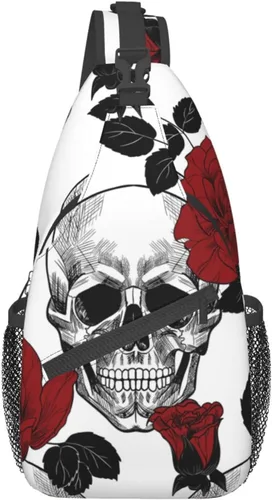 Vista 2 de Bandolera cruzada de girasol y bandera estadounidense para mujeres y hombres, bolsa de viaje para senderismo, bolsa de pecho, Rose and Skull