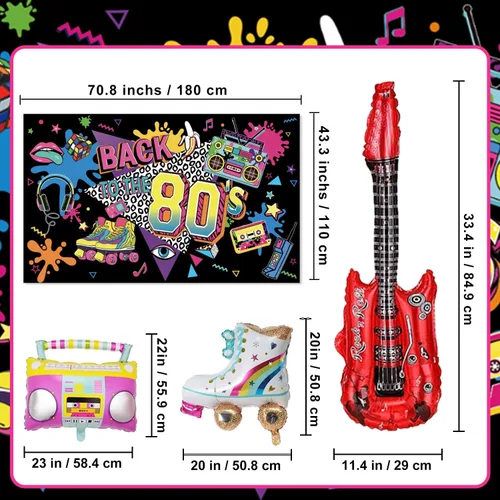 Vista 3 de Decoraciones de fiesta de los años 80, suministros para fiesta de cumpleaños de los 80, incluye telón de fondo, pancarta, espirales colgantes