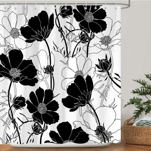 Vista 17 de Cortina de Ducha de Hojas Tropicales, Cortina de Baño Decorativa Verde y Negra con Hojas de Palmera y Plátano, Juegos de Cortinas de Ducha de Tela