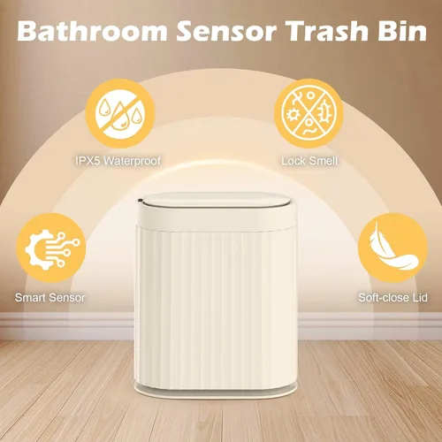 Vista 5 de ELPHECO Bote de basura con sensor de 2 galones, resistente al agua IPX5 con sensor de movimiento, cubo de basura automático para baño, oficina, Beige