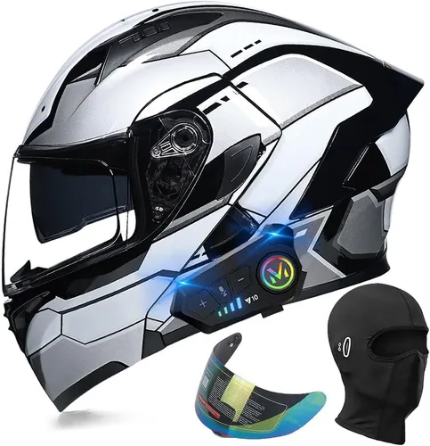 Vista 20 de Casco de motocicleta modular con Bluetooth, aprobado por DOT, casco de cara completa abatible, con visera doble, altavoces duales y micrófono