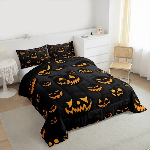 Vista 3 de Feelyou Juego de edredón de calabaza para todas las estaciones, decoración de Halloween, juego de ropa de cama con 1 funda de almohada, microfibra
