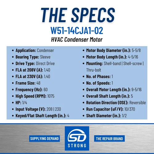 Vista 2 de Supplying Demand W51-14CJA1-02 Motor condensador HVAC 1/4 HP 1 Fase 1 Velocidad 208/230V 1075 RPM debe coincidir con las especificaciones del motor