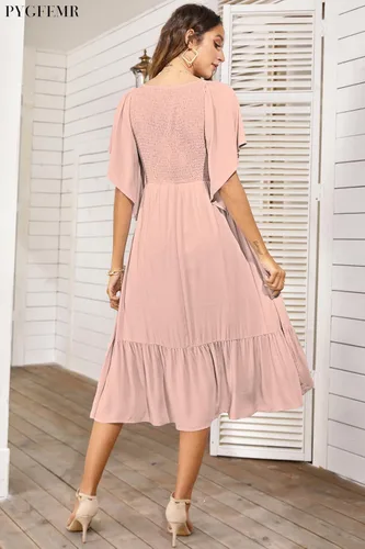 Vista 3 de PYGFEMR - Vestido de verano y escalonado para mujer, vestidos por debajo de la rodilla, fruncidos, manga corta con volantes y cuello en V, Rosado, L