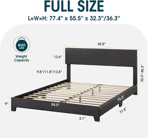 Vista 2 de WEEWAY Base de cama de plataforma tapizada completa con cabecero ajustable y listones de madera fuertes, base de colchón resistente, no necesita