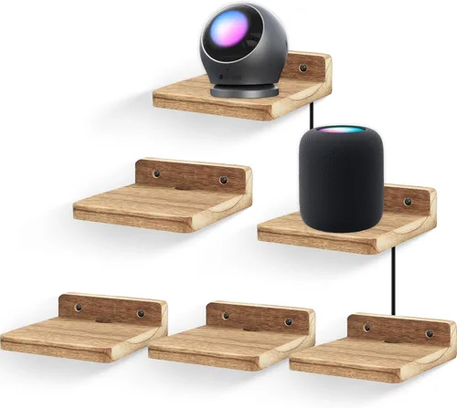 Vista 13 de Pequeño estante flotante para pared, juego de 2 estantes de pared de madera de 5 pulgadas, mini altavoces, monitor de bebé, cámaras, soporte de Negro