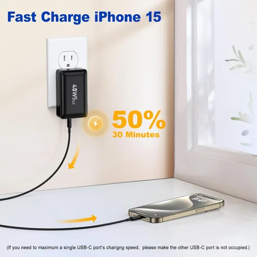 Vista 3 de Bloque de cargador USB C, 40 W, plano de 4 puertos, enchufe de pared USB de doble PD QC, adaptador de corriente de viaje de carga rápida multipuerto