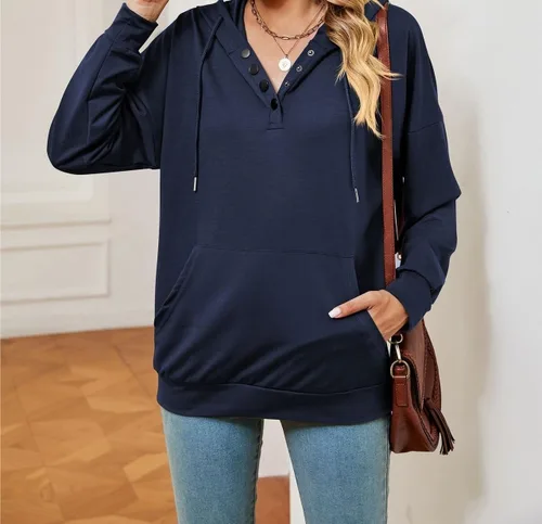 Vista 2 de ONDIAN Women's Long Sleeve Tops Button Drawstring Pocket Loose Hooded Sweatshirts Sleeved Sweatshirt Casual Pullover Clothes