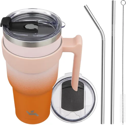 Vista 61 de Konokyo - Vaso de 10 onzas con asa y 2 popotes, 2 tapas, botella de agua aislada de acero inoxidable, taza de viaje reutilizable, color verde militar
