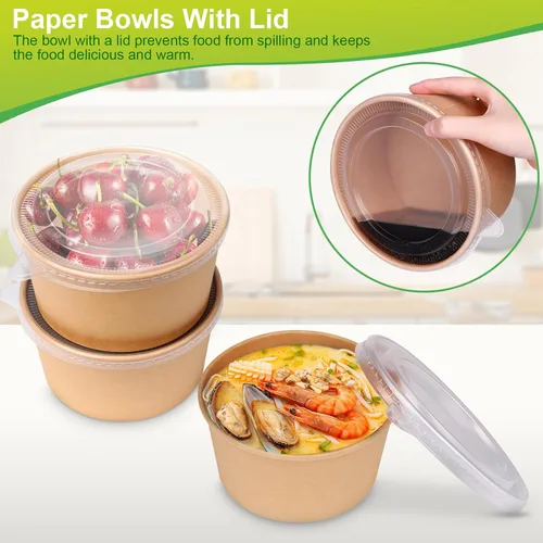 Vista 5 de Greensight Cuencos de papel grandes de 32 onzas con tapas, paquete de 50 unidades, desechables, biodegradables para ensaladas, sopas, alimentos