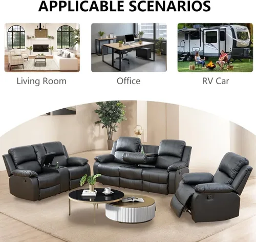 Vista 7 de Conjunto de sofá para sala de Estar, sillón reclinable de cuero transpirable, sofá de 3 plazas para cine en casa con portavasos para apartamento