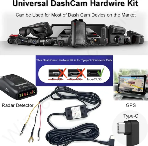 Vista 2 de Dash Cam Hardwire Kit Car Dash Cámara USB Tipo C Cargador Cable Kit 3 Cables Dashcam Parking Mode DC 12-24V to 5V/3A Low Voltage Protection 24h