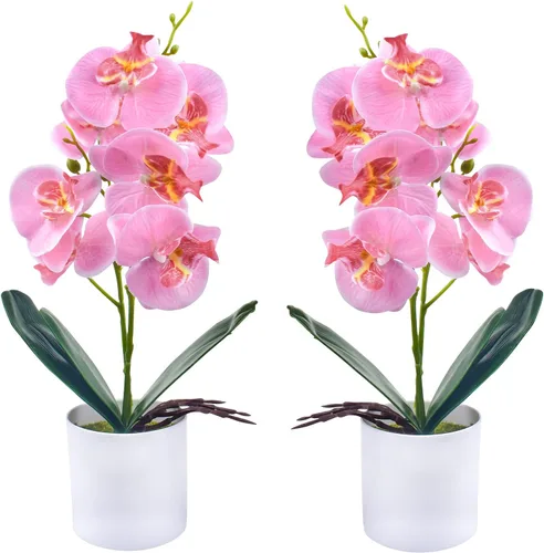 Vista 8 de XONOR Flores artificiales de orquídea, 2 piezas de flores de orquídea en maceta con jarrón de plástico para centro de mesa, decoración del hogar