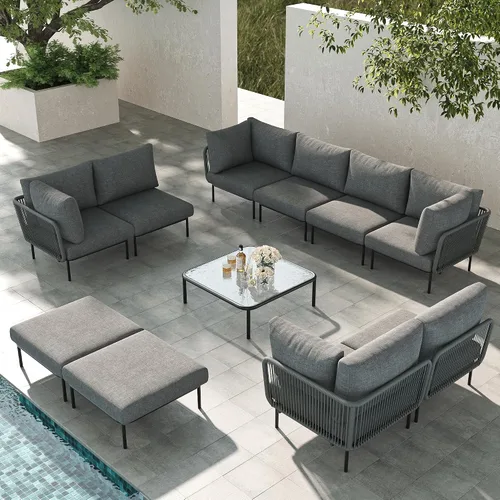 Vista 45 de LayinSun Juego de muebles de patio de aluminio de 7 piezas, sofá modular moderno con mesa auxiliar y cojín de grosor mejorado Gris claro