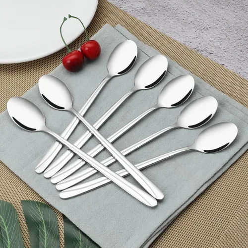 Vista 4 de Obstnny 12 cucharas de té helado de mango largo, cucharas de mezcla de acero inoxidable