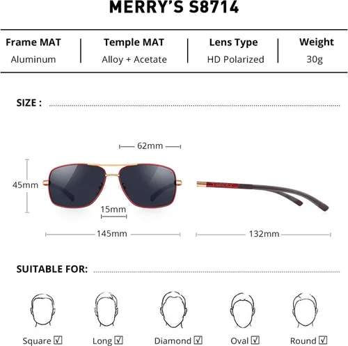 Vista 2 de MERRY'S HOT S8714 - Gafas de sol polarizadas para hombre, cuadradas, 1.772in