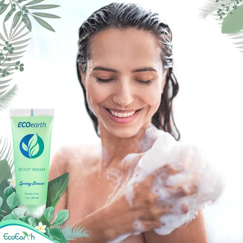 Vista 3 de EcoEarth Gel de baño de tamaño viaje (1 onza líquida, 100 unidades, brisa de primavera), deleita a tus invitados con un gel de baño revitalizante