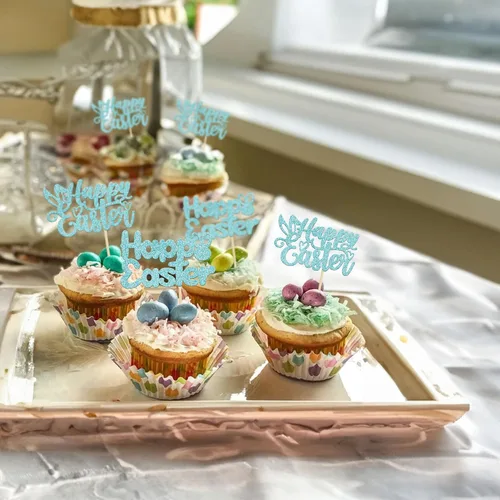 Vista 7 de Gyufise Paquete de 24 adornos azules con purpurina para cupcakes de Pascua con orejas de conejo de Pascua, decoraciones para fiesta de Pascua