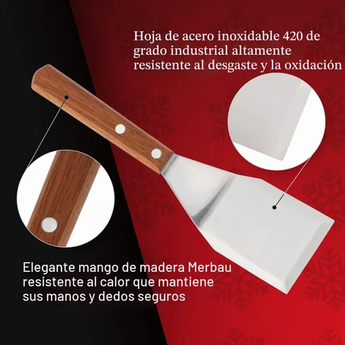 Vista 4 de Homi styles Espátula pequeña de metal con mango de madera Merbau Aleta de acero inoxidable resistente con bordes biselados Espátula pequeña