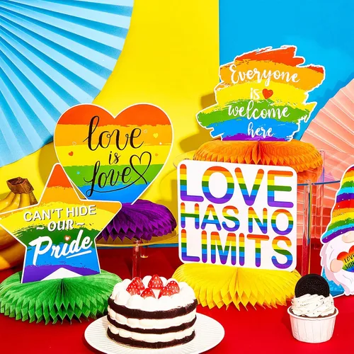 Vista 5 de 9 piezas de decoración del mes del orgullo, centro de mesa de panal de abeja de orgullo, decoraciones de fiesta de arco iris, centros de mesa Love