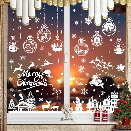 Vista 2 de Enwokran Calcomanías blancas para ventana de Navidad, 10 hojas, 245 unidades, calcomanías reutilizables de doble cara impresas autoadhesivas